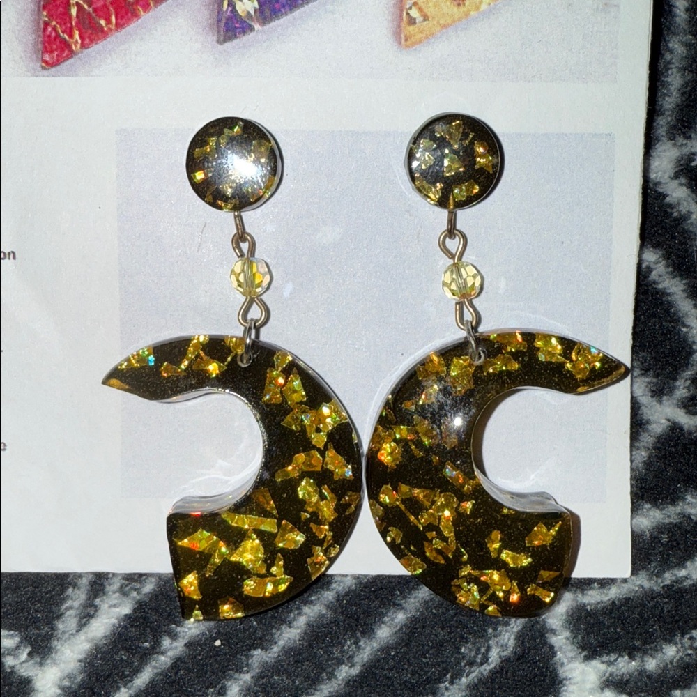 SparkleLux of Palm Springs Lunar Black Gold Earrings Rockabilly Mid Century